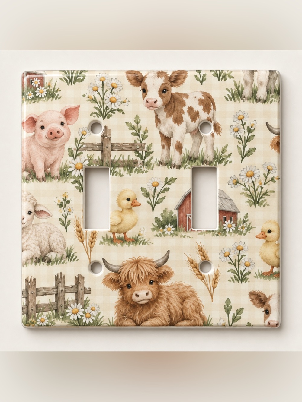 Baby Farm Animals Double Light Switch Cover Highland Cow Pig Kids Nursery